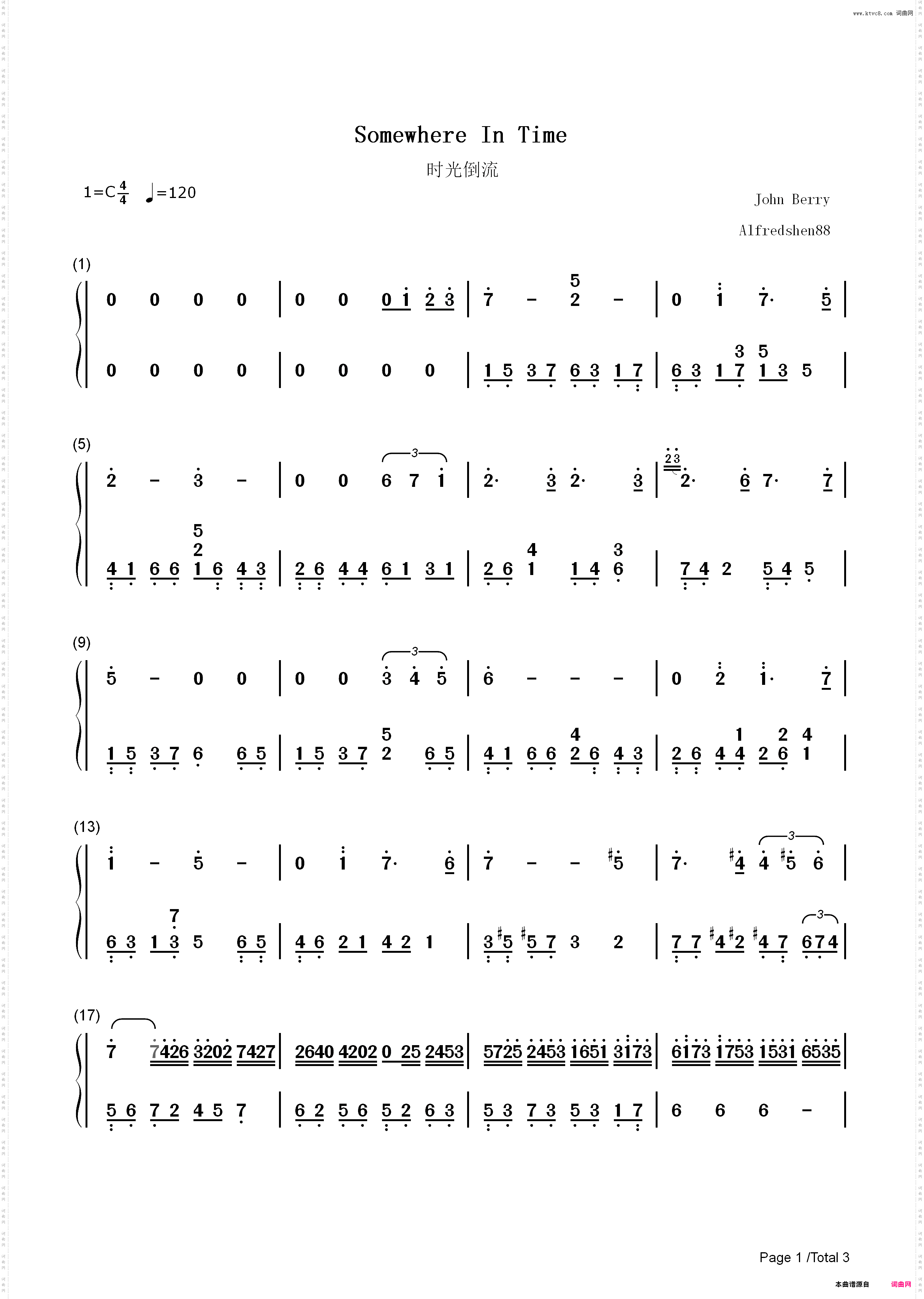 时光倒流-Somewhere In Time-时光倒流七十年插曲_简谱版