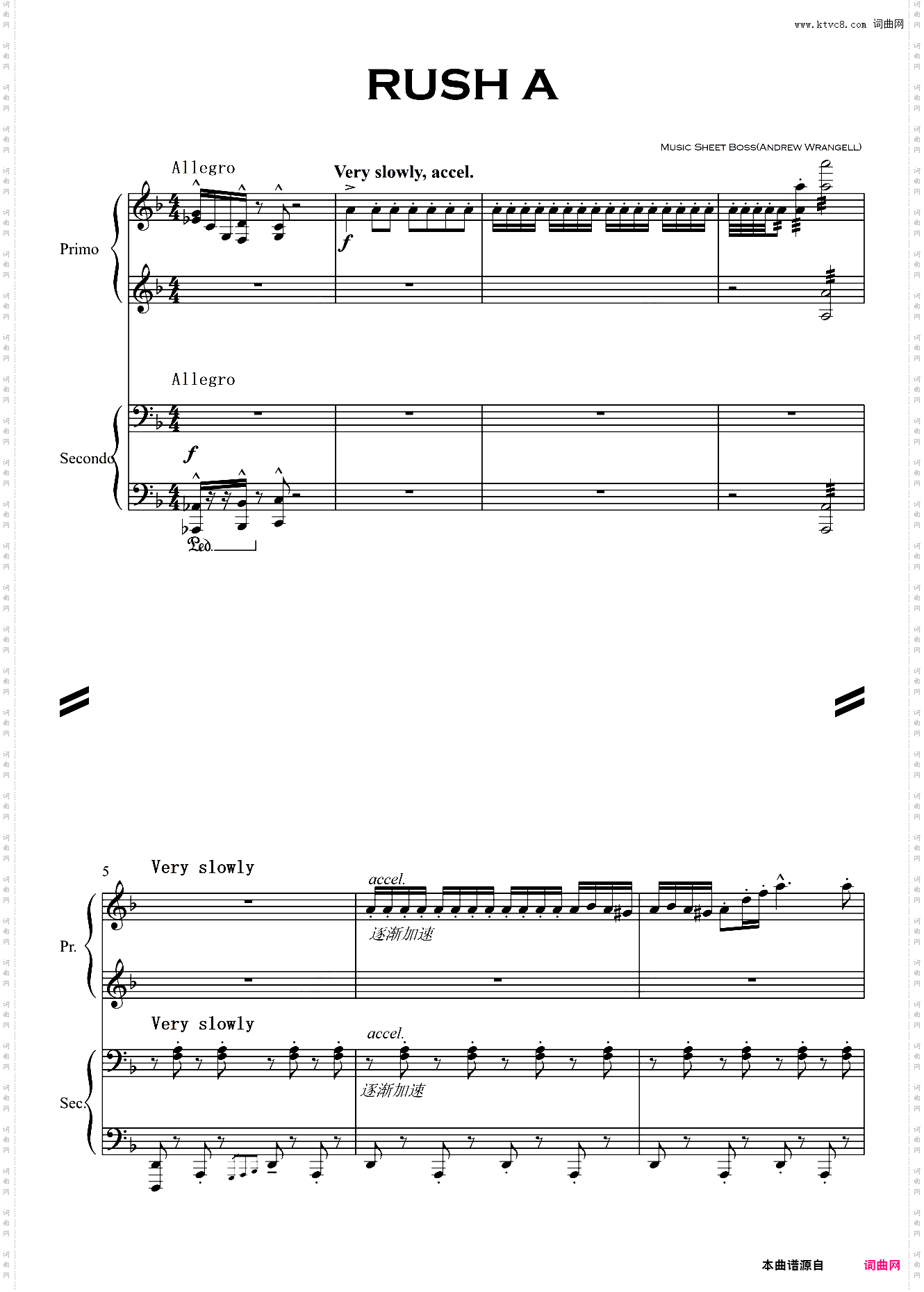 【四手联弹】Rush A - Music Sheet Boss