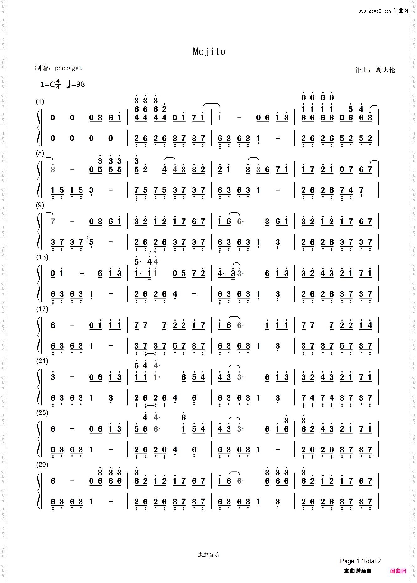 《mojito》简谱优美版,适合新手周杰伦poc编配