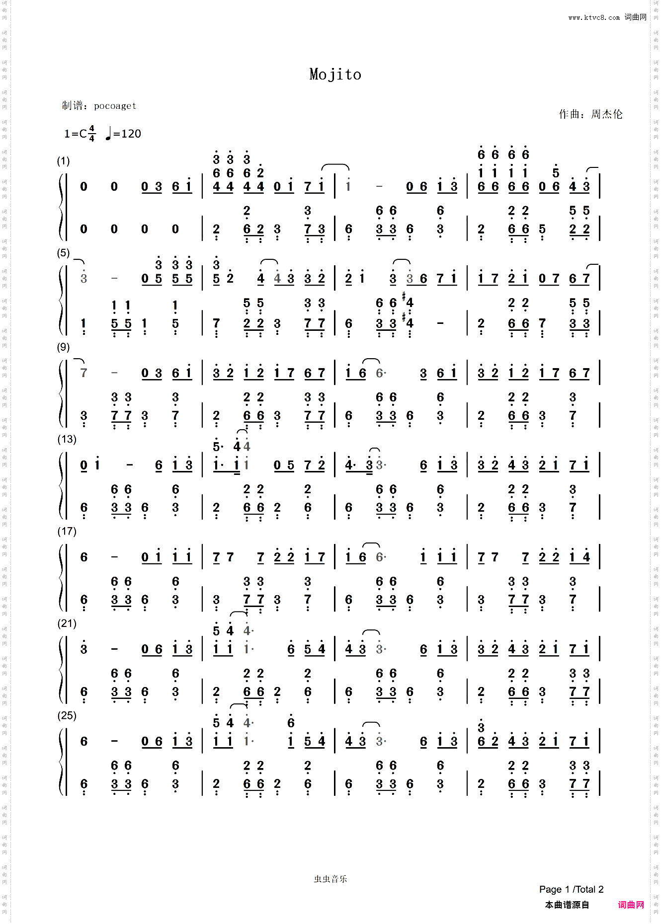 “mojito”简谱版,原版C调带指法周杰伦。poc编配