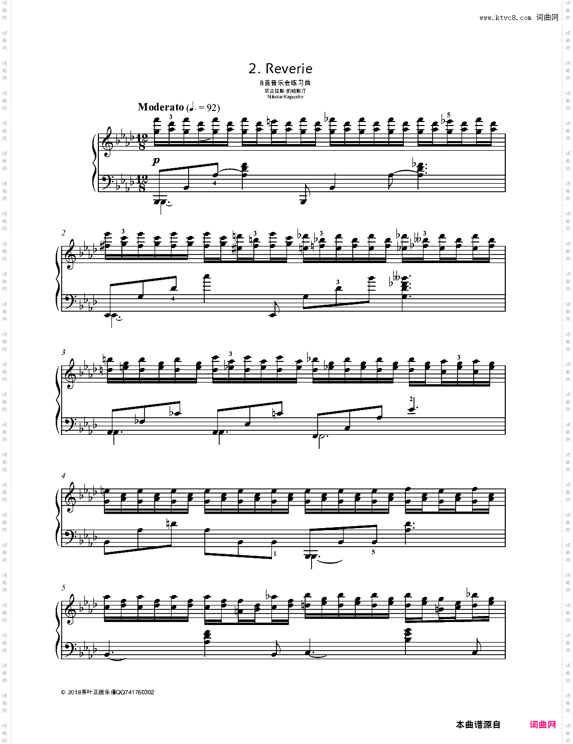 【爵士】【带指法】尼古拉斯凯帕斯汀 八首音乐会练习曲 Eight Concert Études Op 40 - No· 2· Dream· Moderato