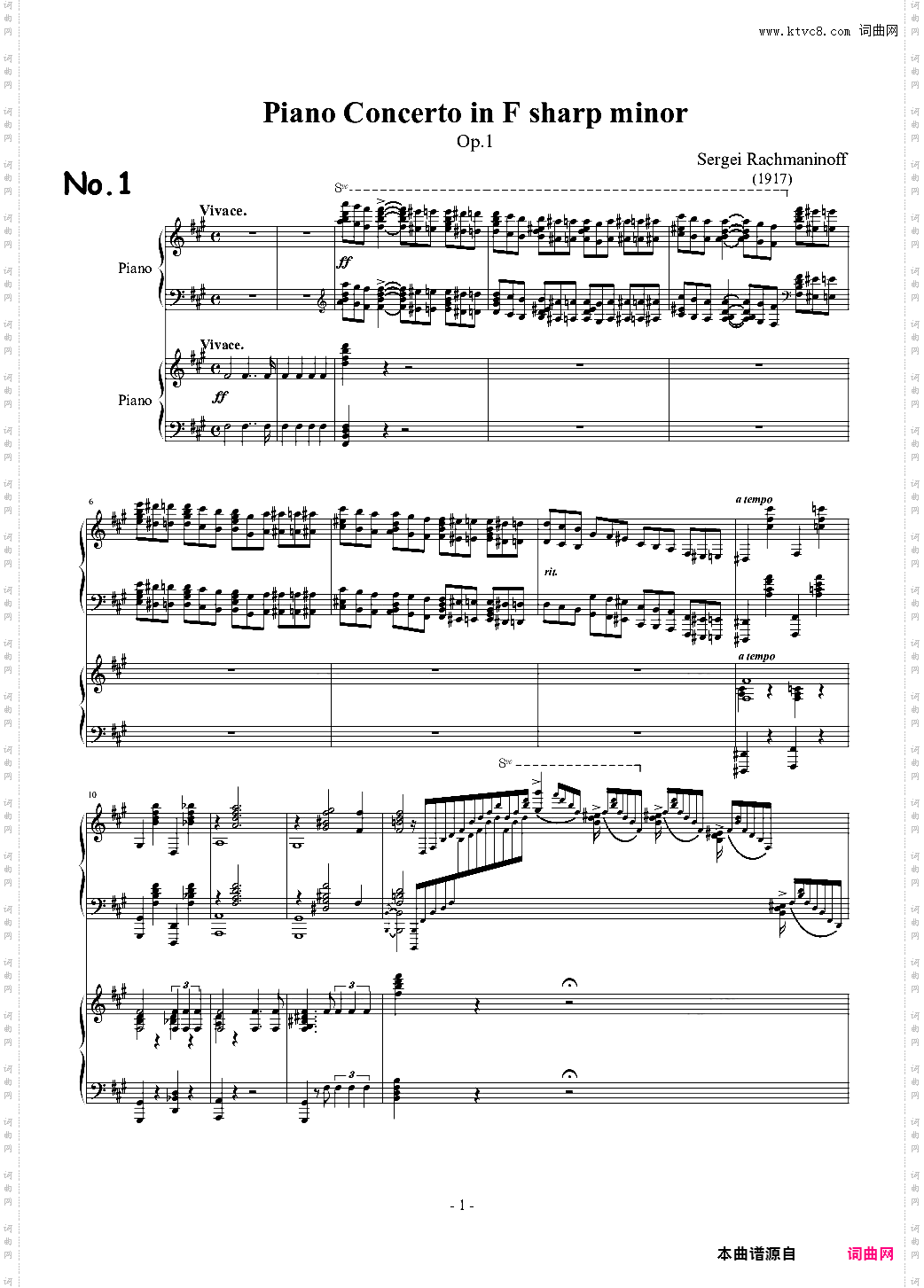 拉赫玛尼诺夫第一钢琴协奏曲 Op·1