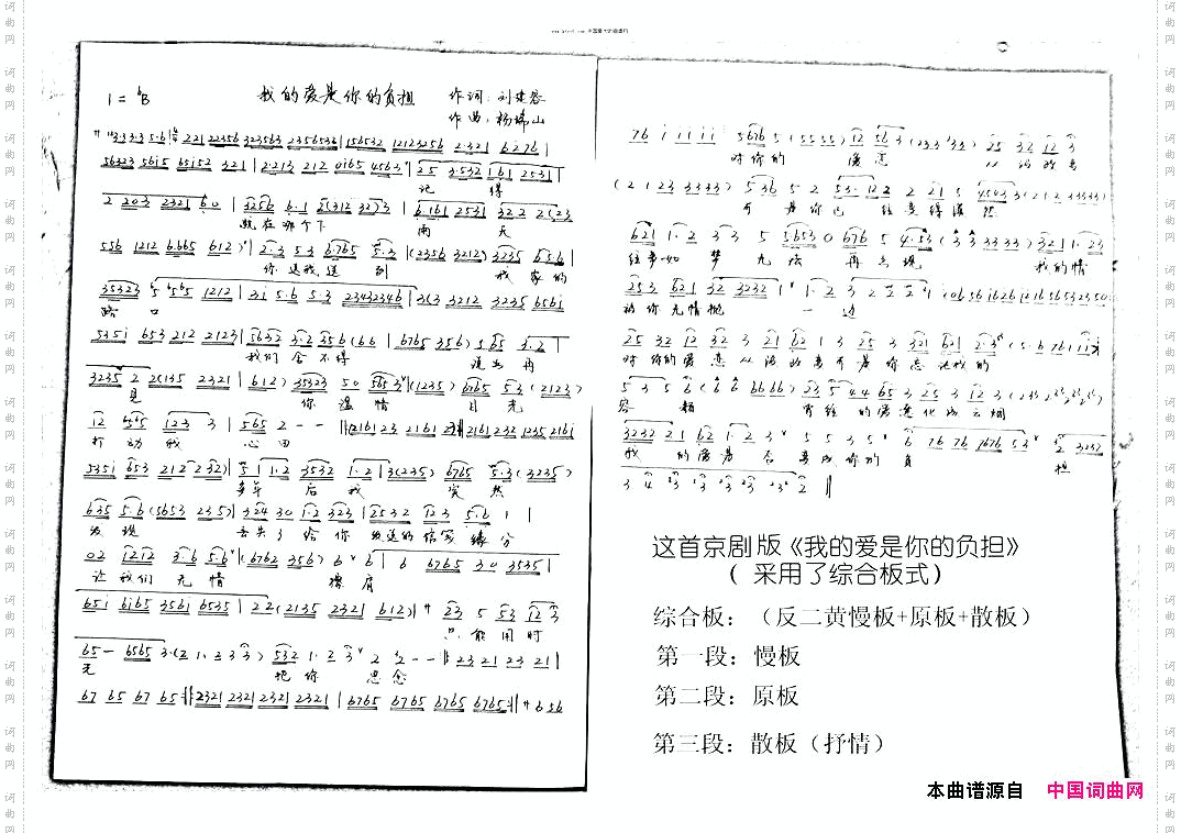 京剧歌谱-《我的爱是你的负担》刘建容作词，杨瑞山作曲
