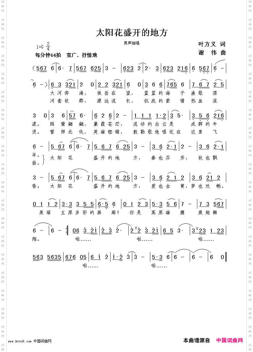 太阳花盛开的地方叶方义词谢伟曲