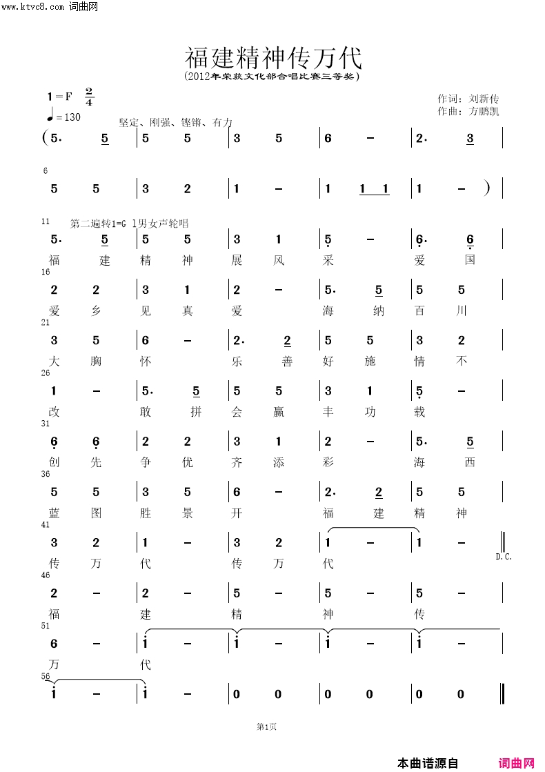 福建精神传万代_创作于2012年4月，5月12日见报，荣获文化部全国盛世欢歌大展赛三等奖
