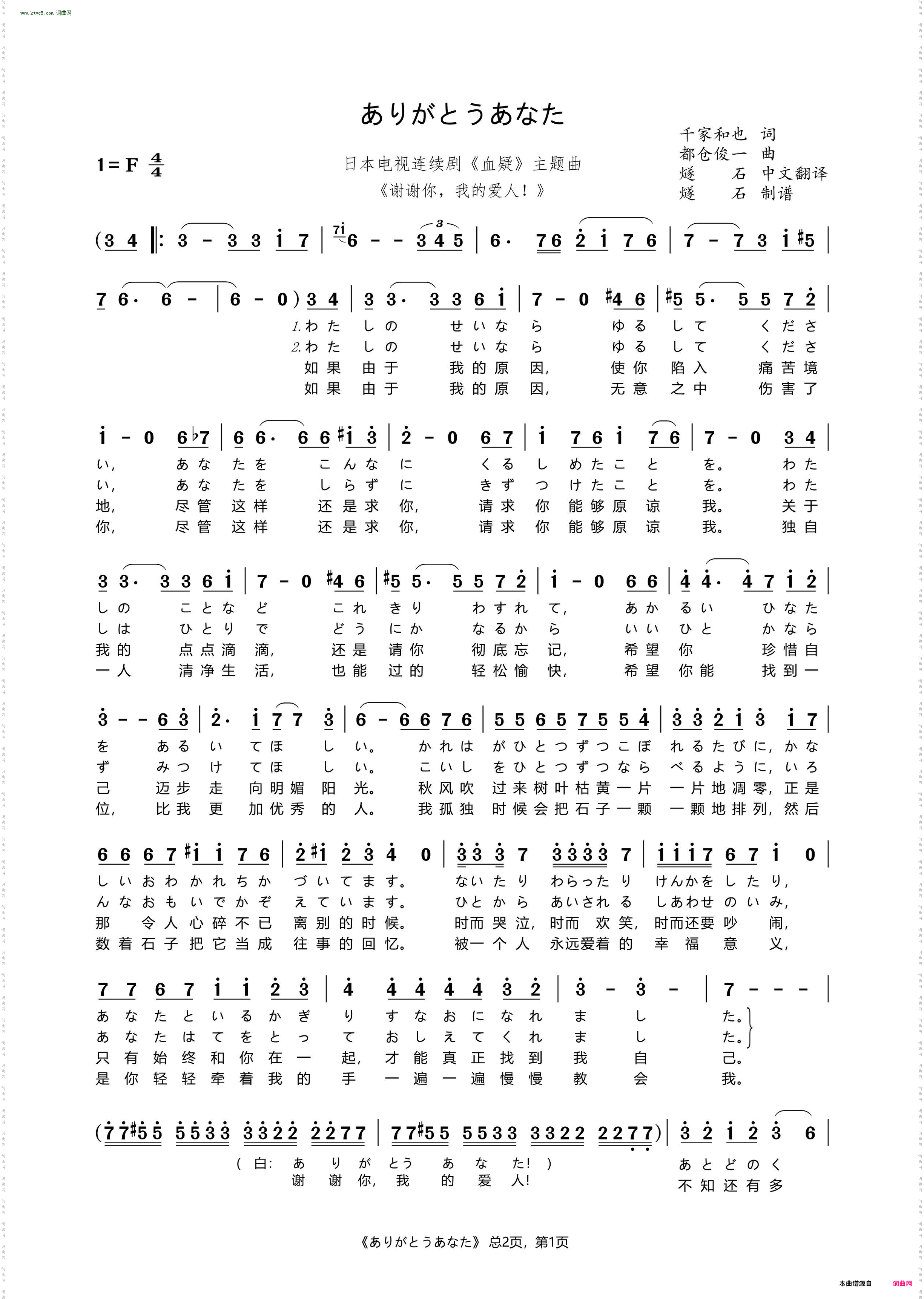 ありがとうあなた_日本电视连续剧《血疑》主题曲