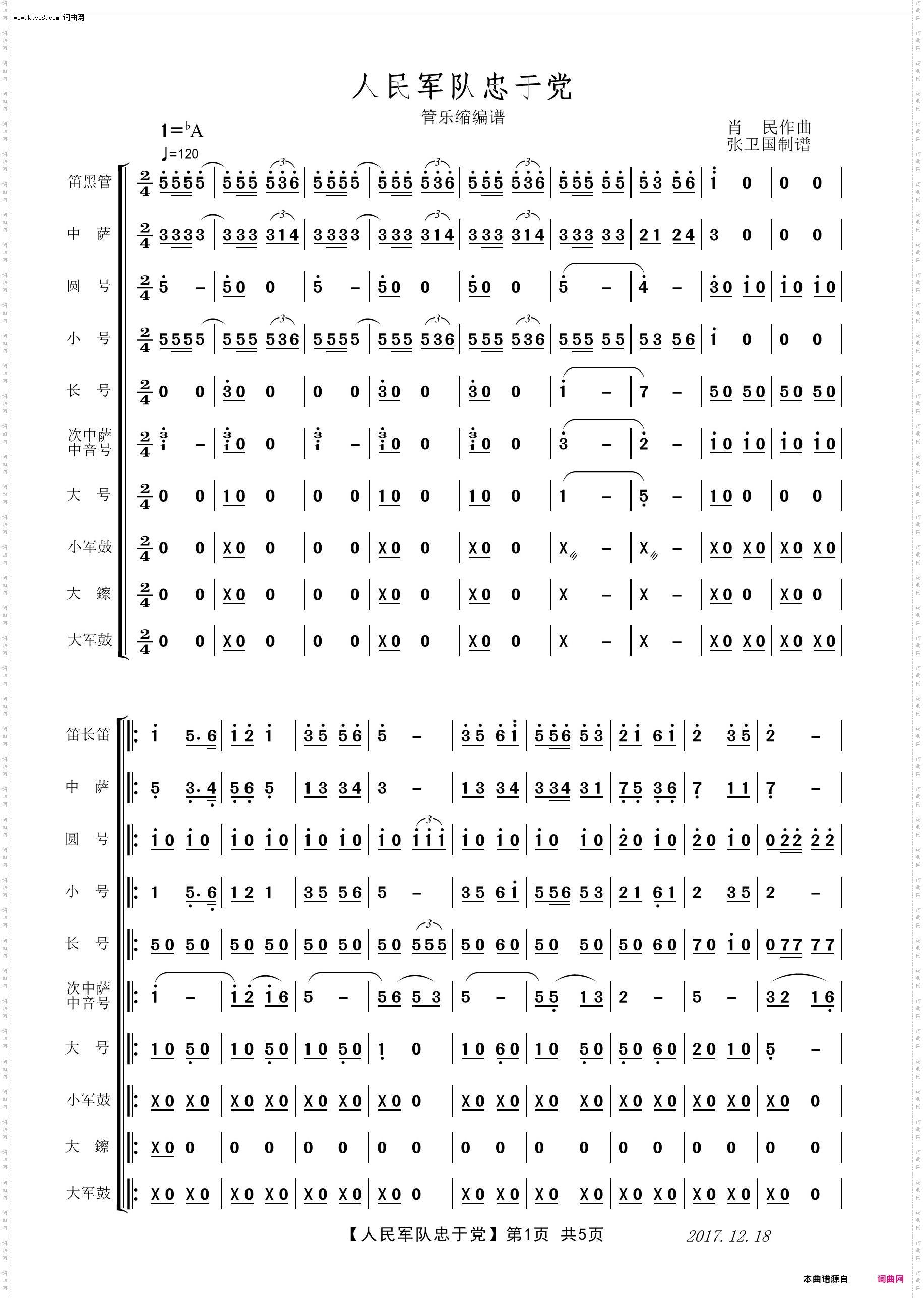 人民军队忠于党_管乐缩编谱+分谱
