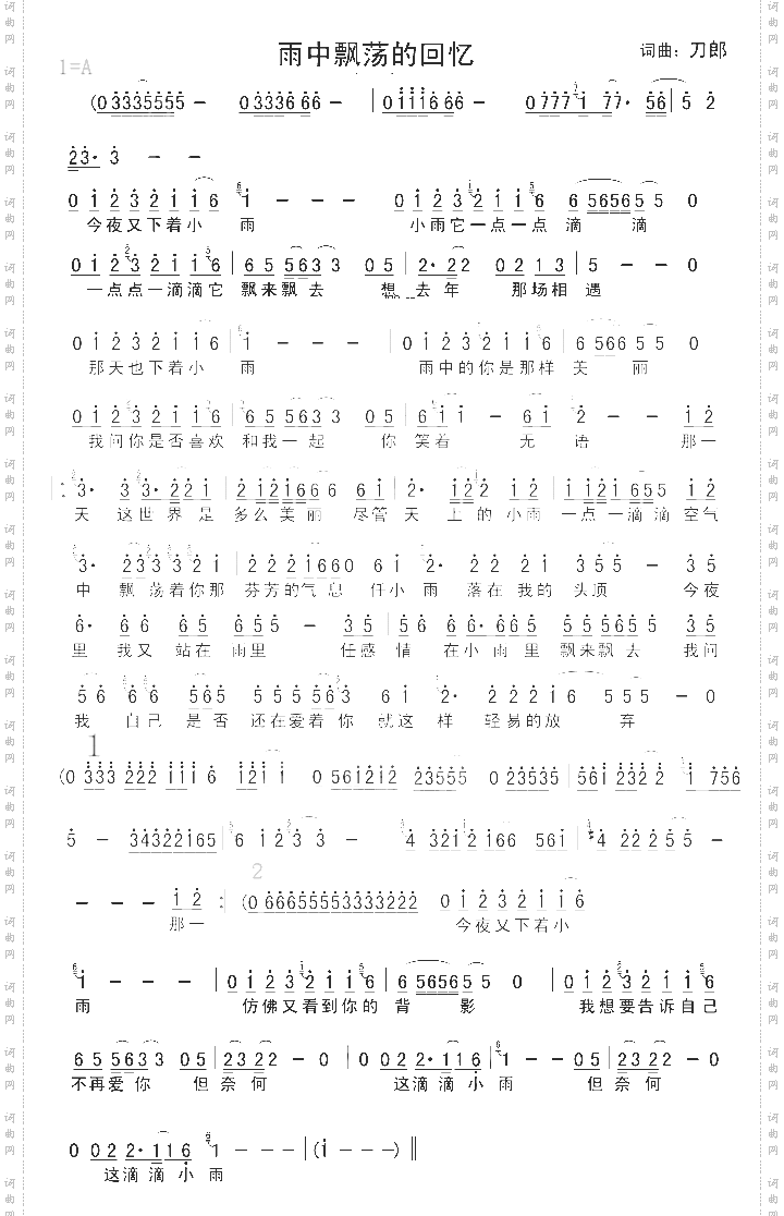 雨中飘荡的回忆[刀郎][简谱]