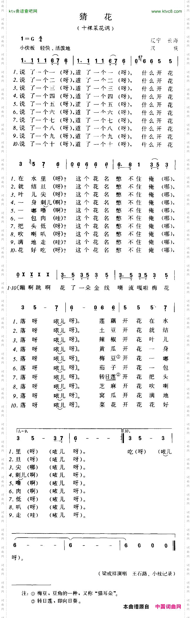 猜花十棵菜花调