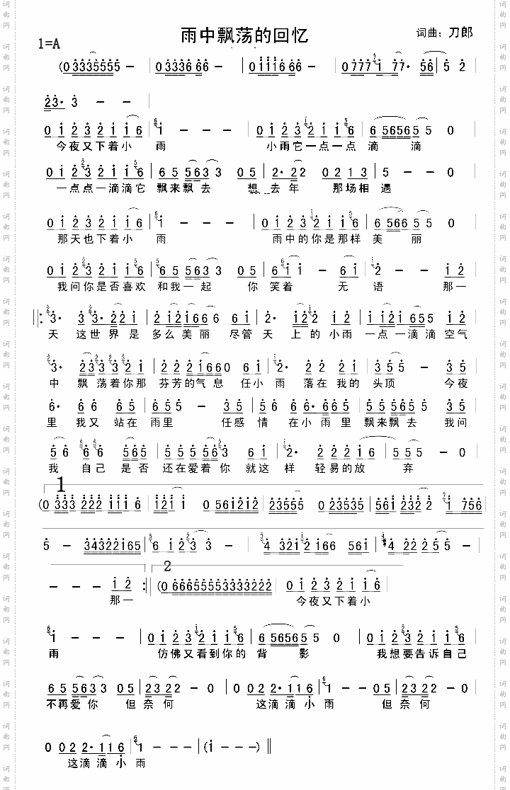 雨中飘荡的回忆[刀郎][简谱]