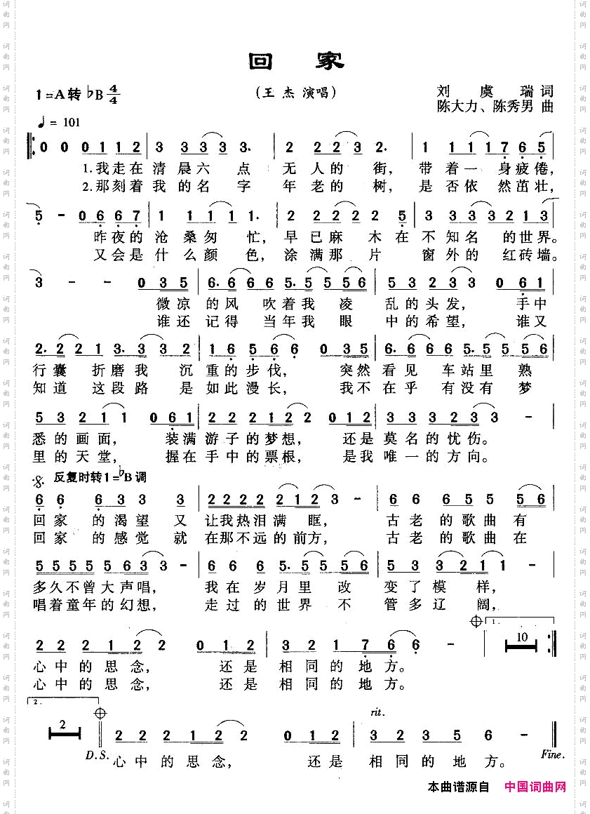 回家刘虞瑞词陈大力曲