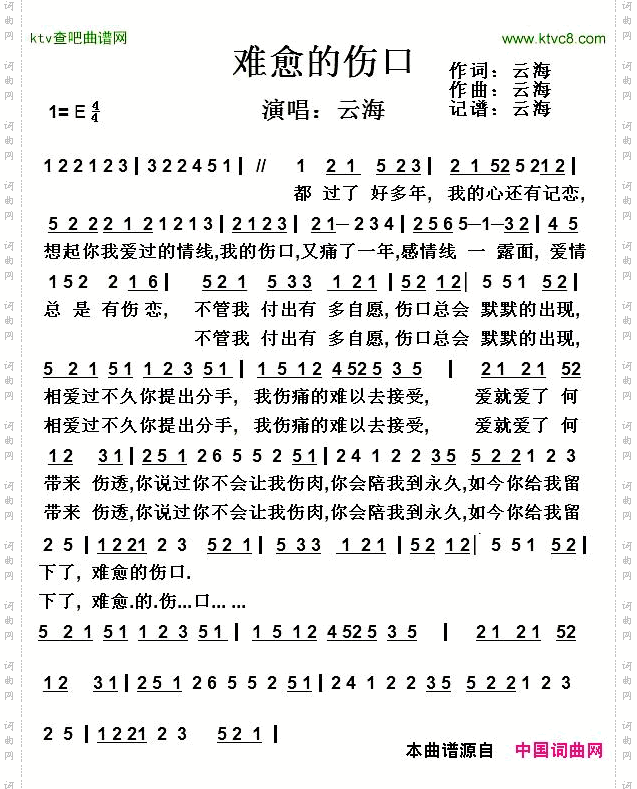 云海【难愈的伤口】谱曲