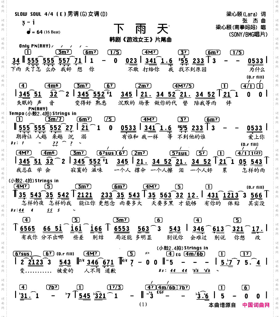 下雨天韩剧《游戏女王》片尾曲、编配乐谱