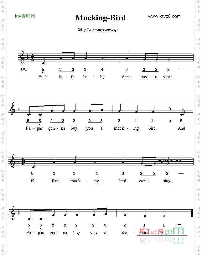 Mocking-bird线简谱混排版、英文儿歌