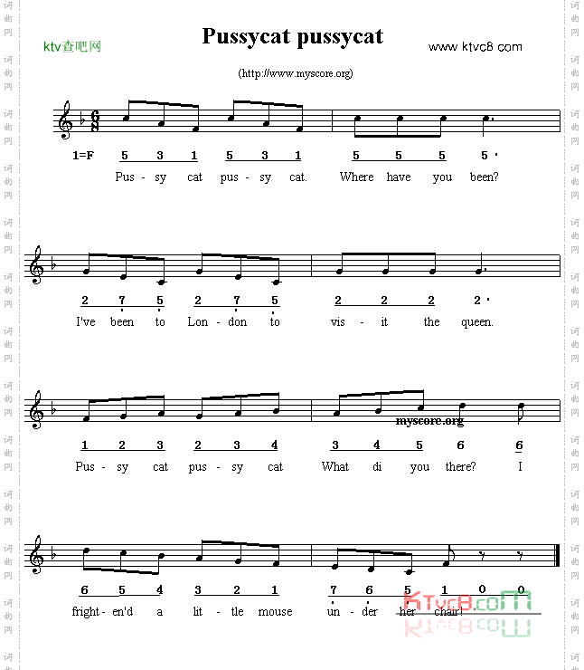Pussycatpussycat线简谱混排版、英文儿歌