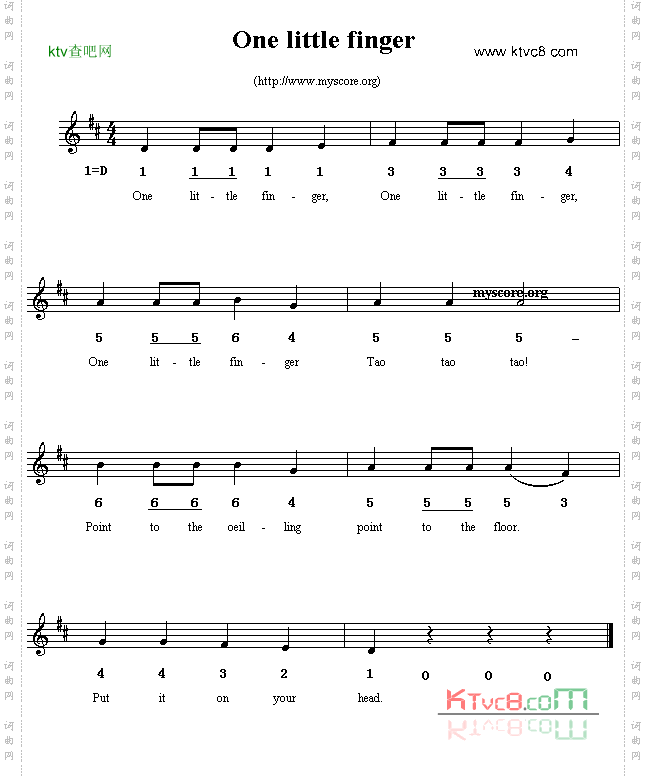 Onelittlefinger线简谱混排版、英文儿歌