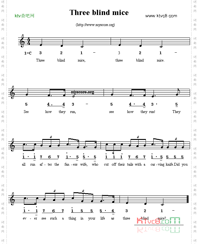 Threeblindmice线简谱混排版、英文儿歌
