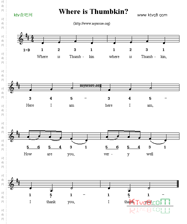WhereisThumbkin线简谱混排版、英文儿歌