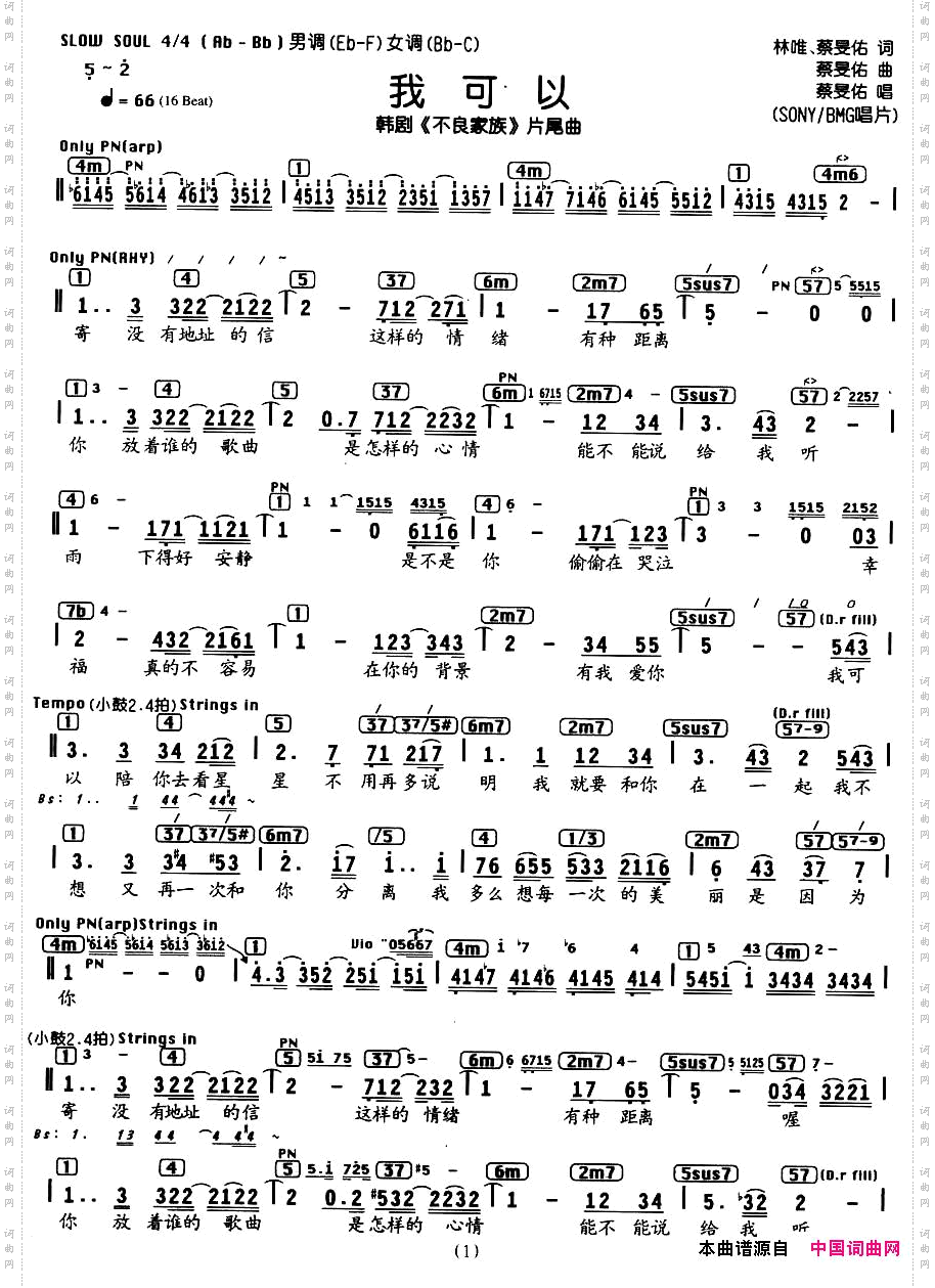 我可以韩剧《不良家族》片尾曲、编配乐谱