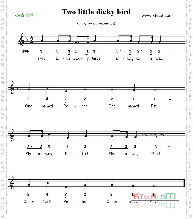 Twolittledickybirds线简谱混排版、英文儿歌
