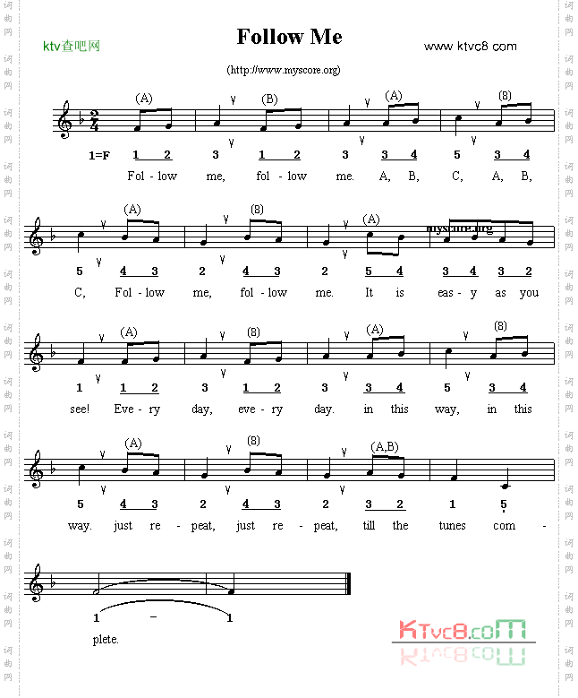 Followme线简谱混排版、英文儿歌