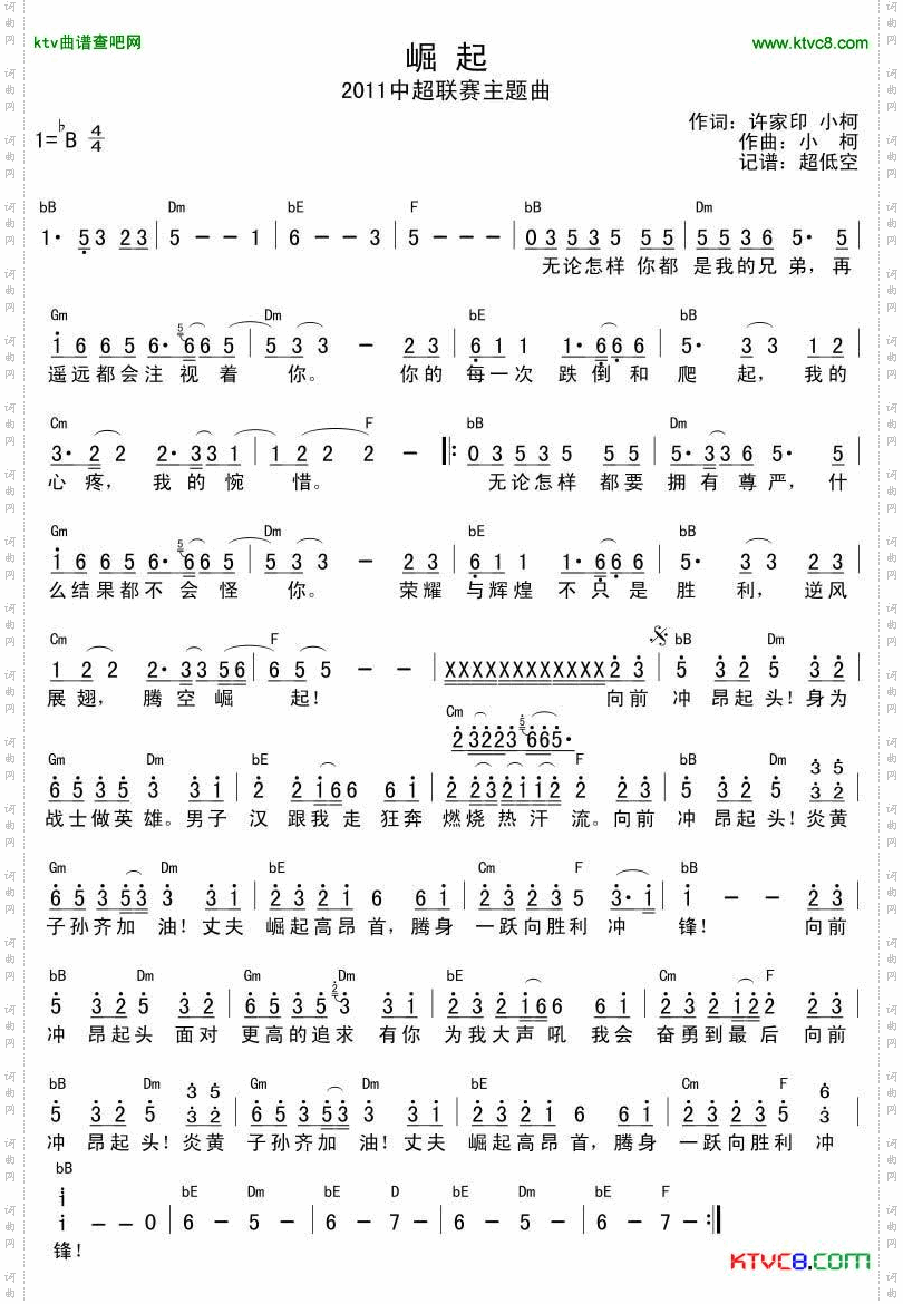 崛起2011中超联赛开幕式主题曲简谱+和弦