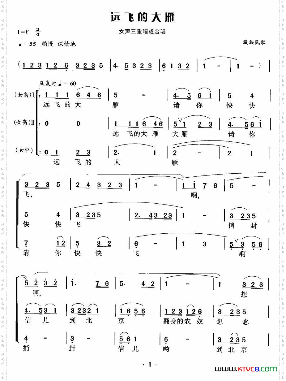 远飞的大雁女声三重唱或合唱