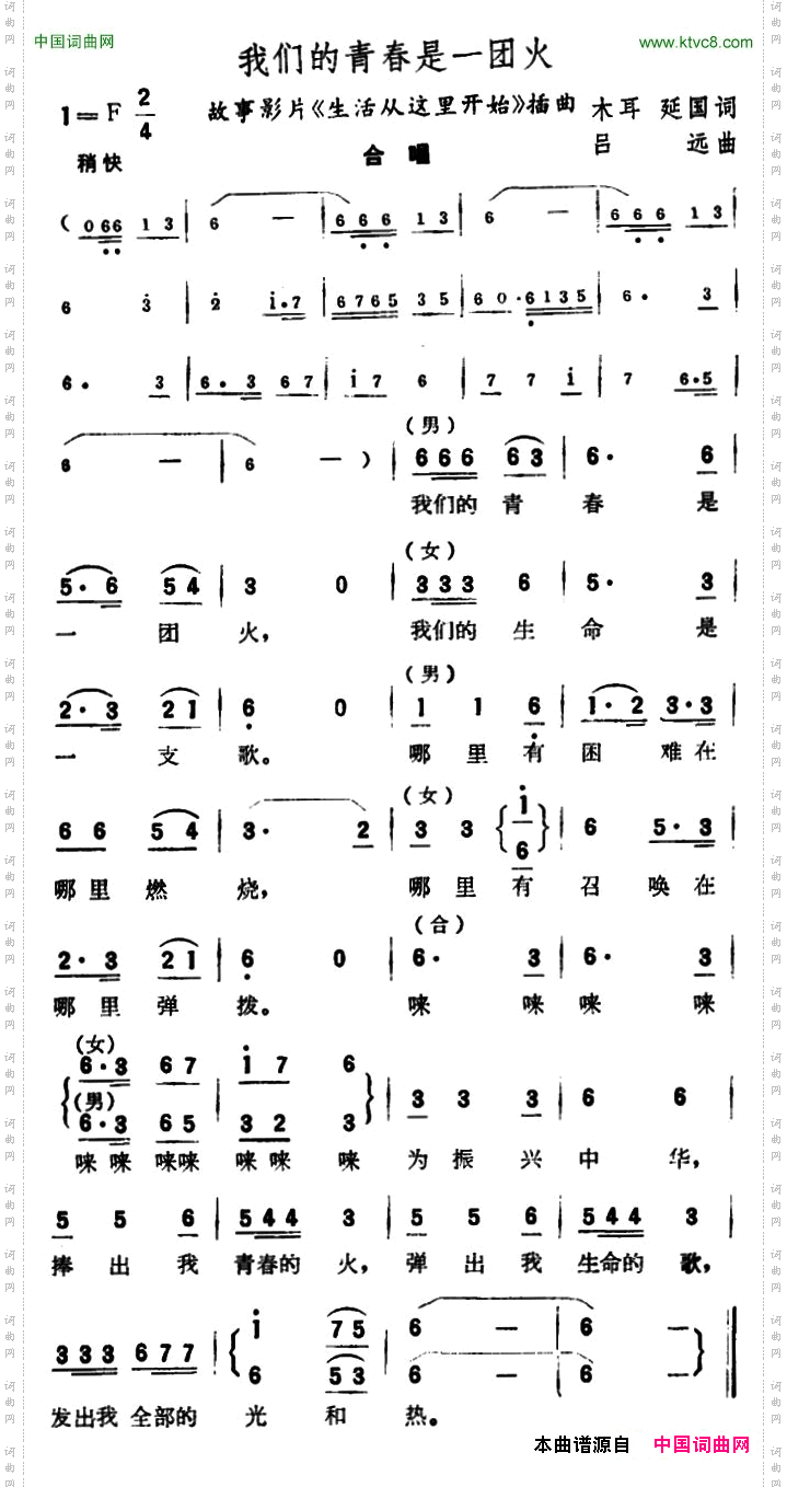 我们的青春是一团火故事片《生活从这里开始》插曲