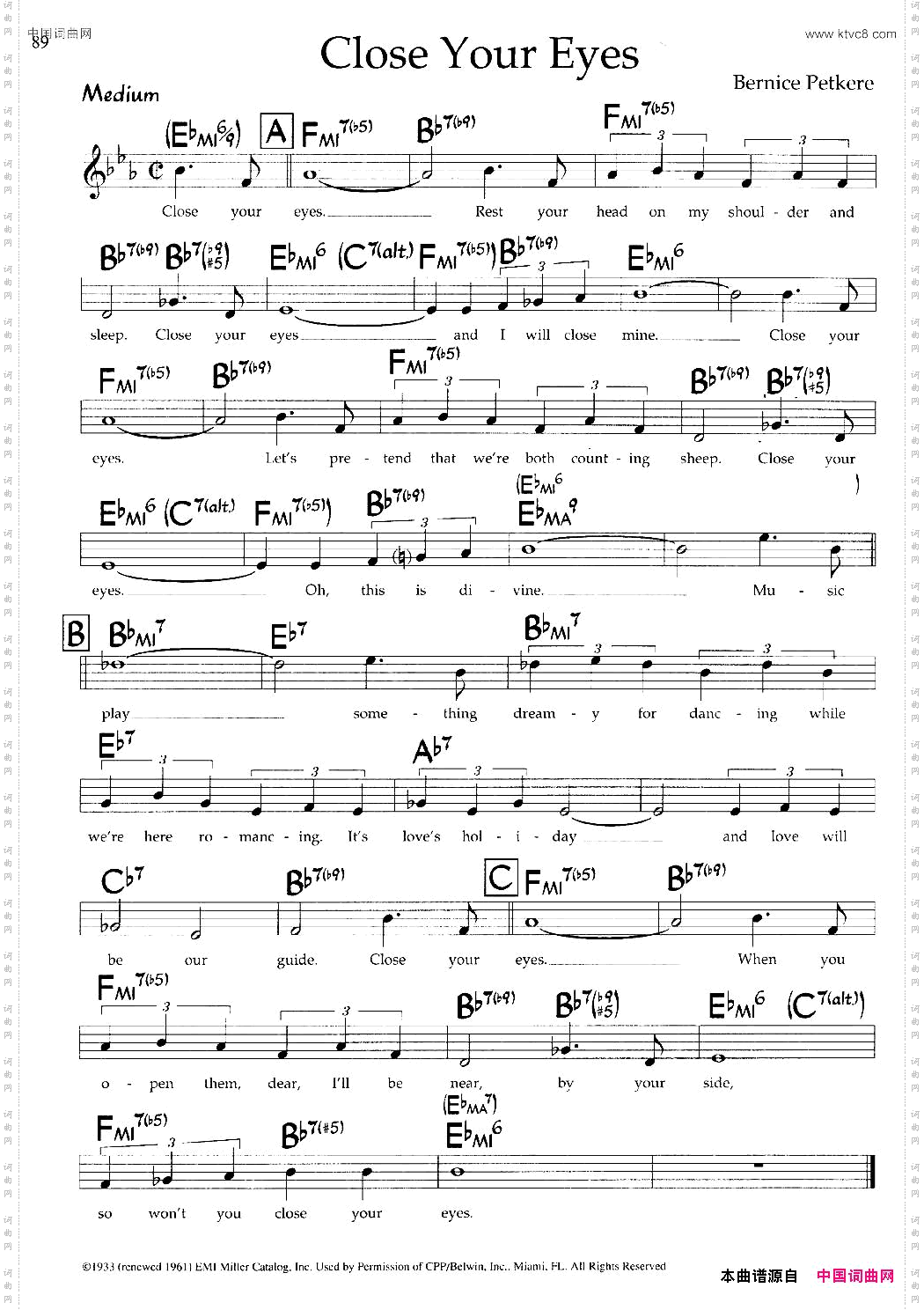 CloseYourEyes带和弦五线谱_Close Your Eyes带和弦五线谱