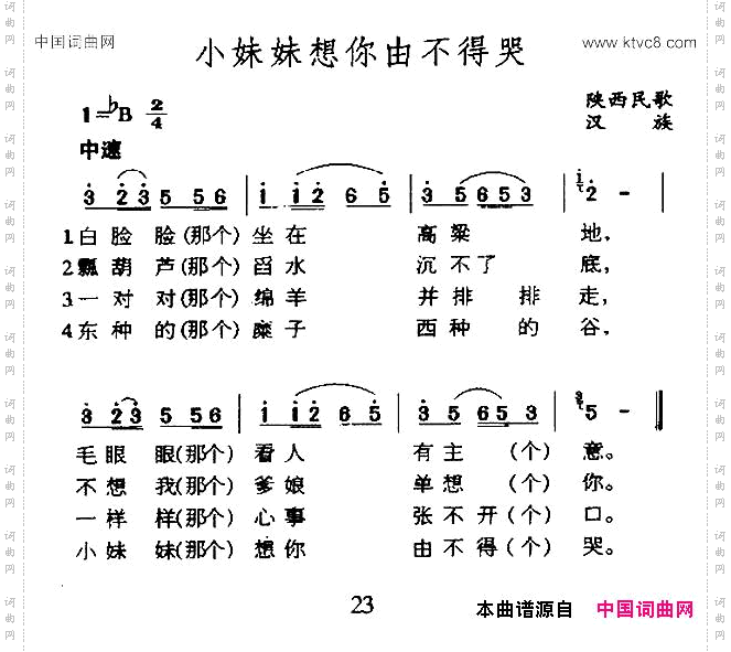 小妹妹想你由不得哭陕西民歌