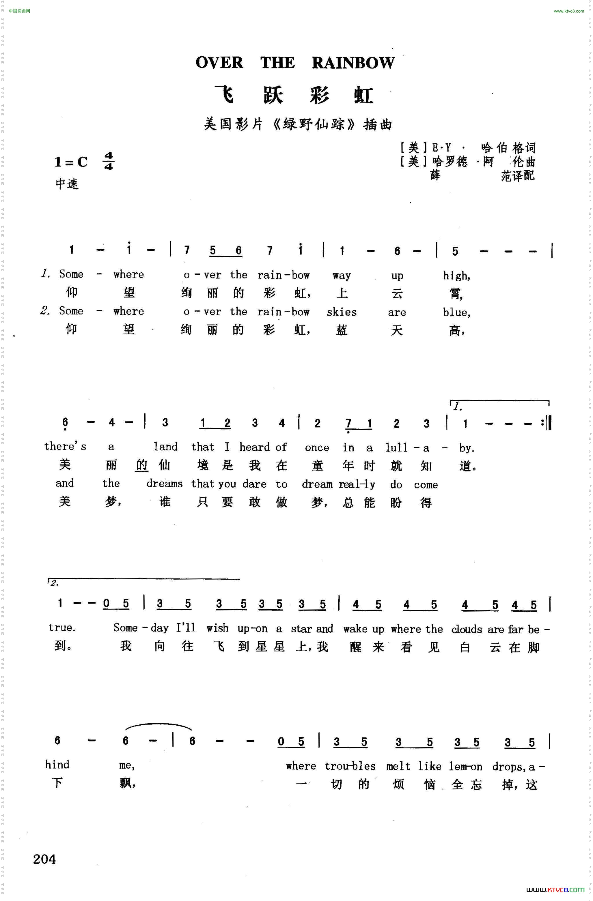 飞跃彩虹英汉美国影片《绿野仙踪》插曲