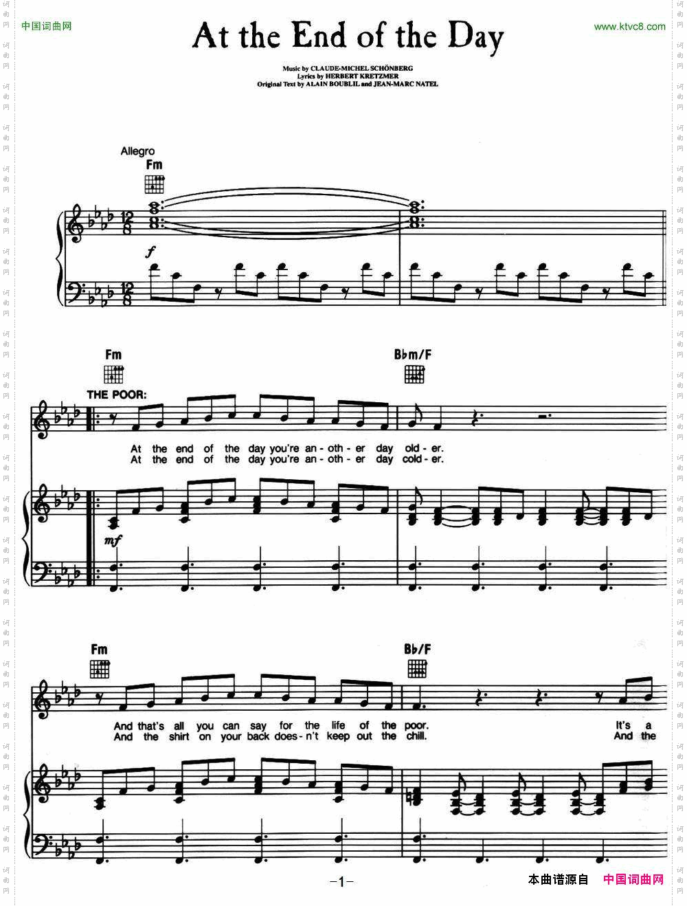 AttheEndoftheDay_ 音乐剧《悲惨世界》Les Miserables选曲、正谱 