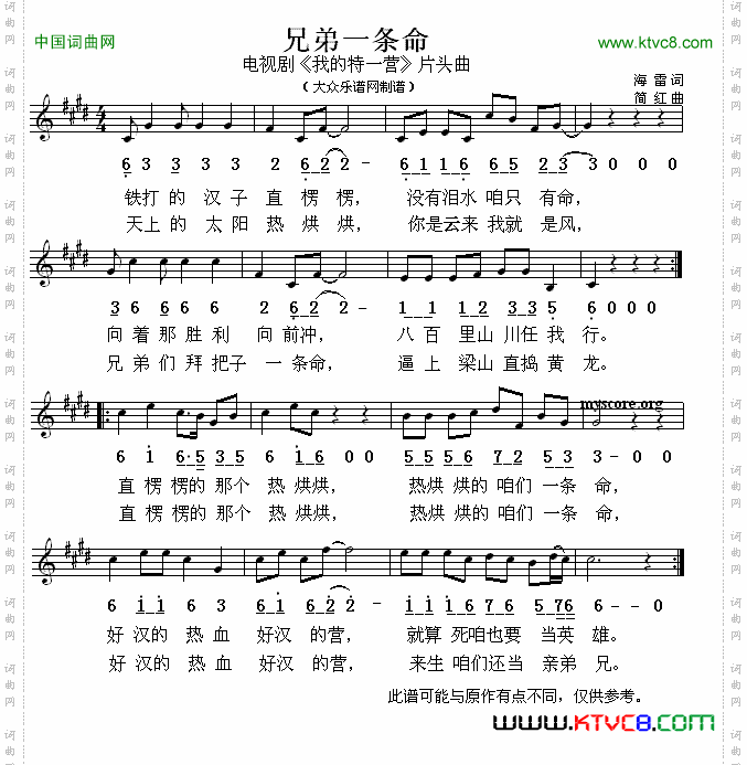 兄弟一条命电视剧《我的特一营》片头曲、简线对照