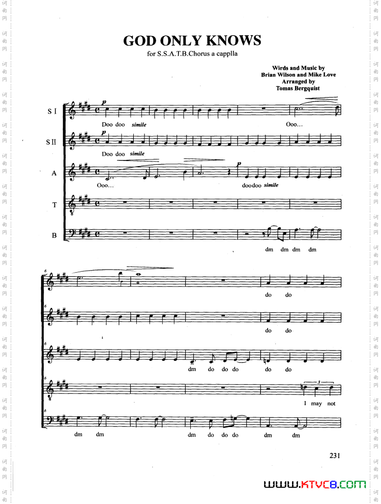 GODONLYKNOWS合唱正谱_GOD ONLY KNOWS合唱 正谱