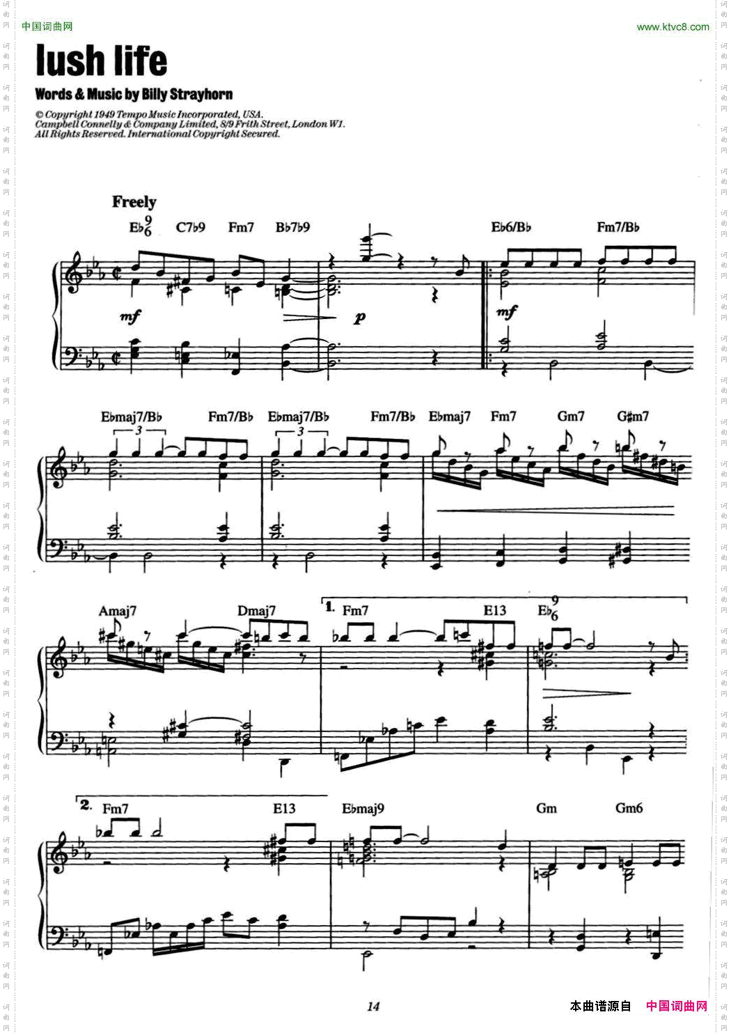 LushLife爵士钢琴酒吧独奏钢琴谱_Lush Life爵士钢琴酒吧独奏钢琴谱