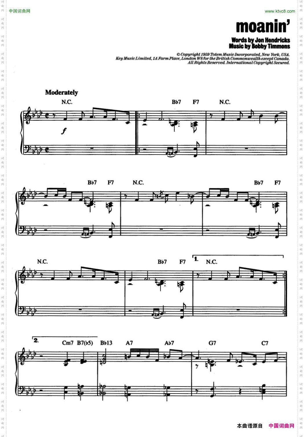 Moanin‘爵士钢琴酒吧独奏钢琴谱