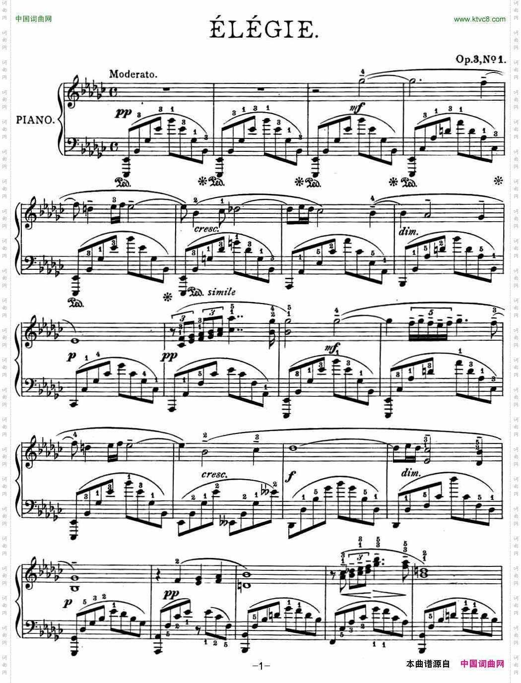 拉赫玛尼诺夫幻想小品集Op.3No.1悲歌降e小调