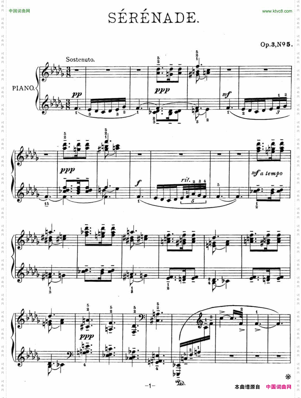 拉赫玛尼诺夫幻想小品集Op.3No.5小夜曲降b小调