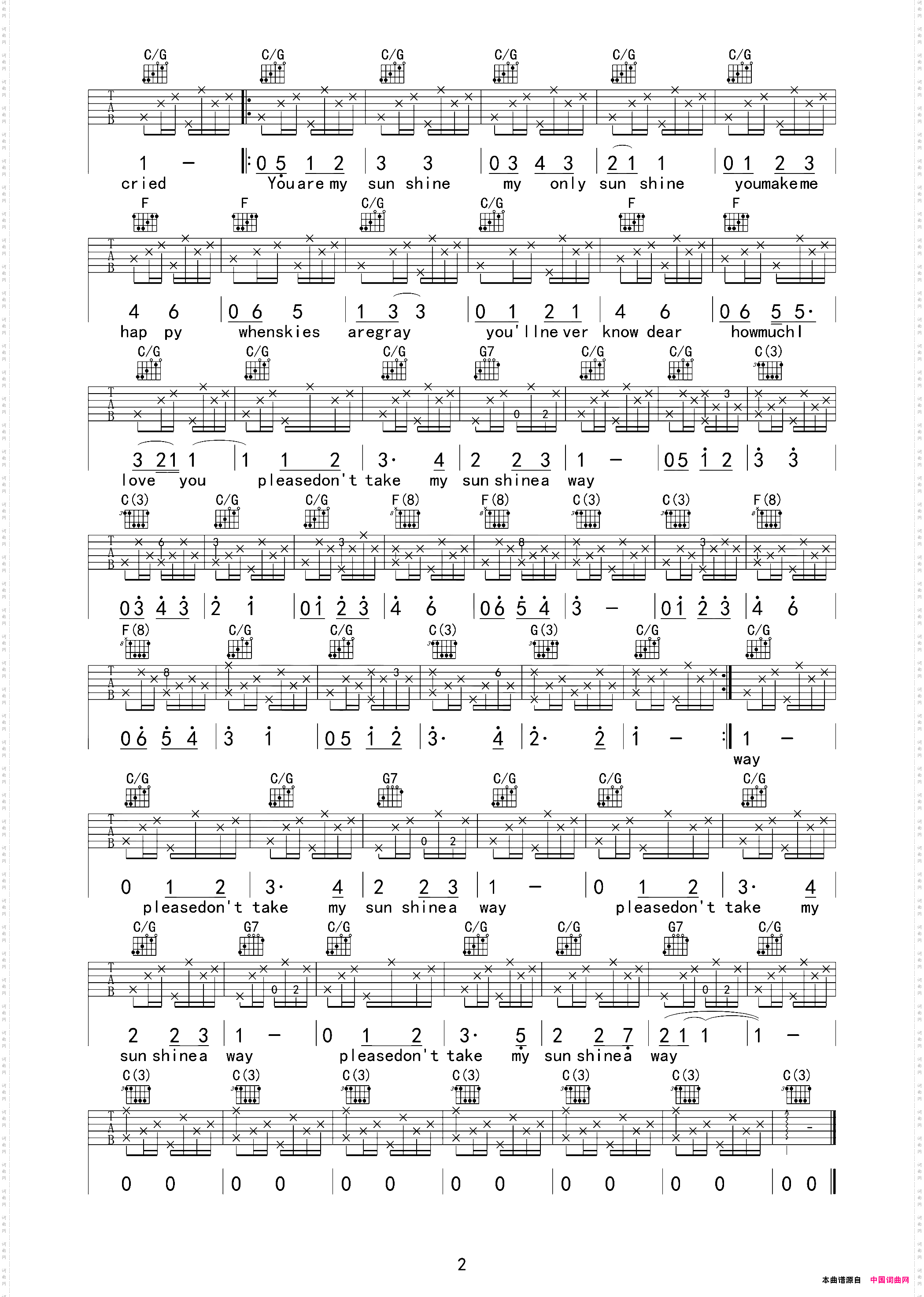 Youaremysunshine吉他六线谱_You are my sunshine吉他六线谱