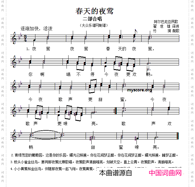 [阿尔巴尼亚]春天的夜莺二声部、五线谱