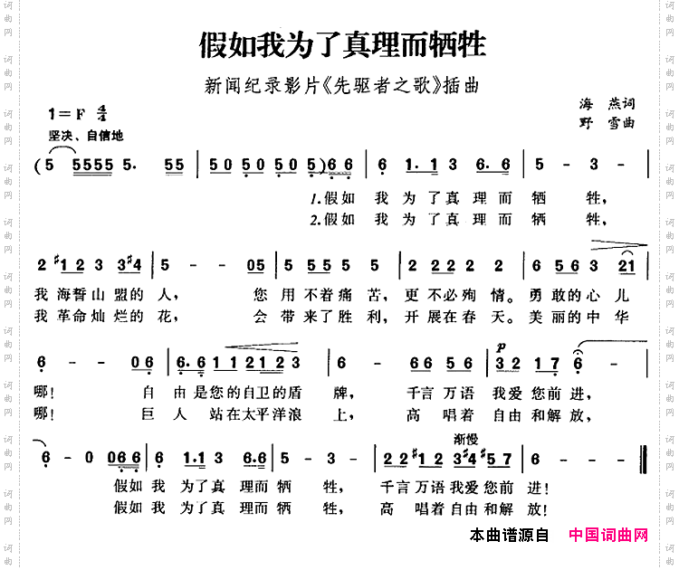 假如我为了真理而牺牲新闻纪录影片《先驱者之歌》插曲