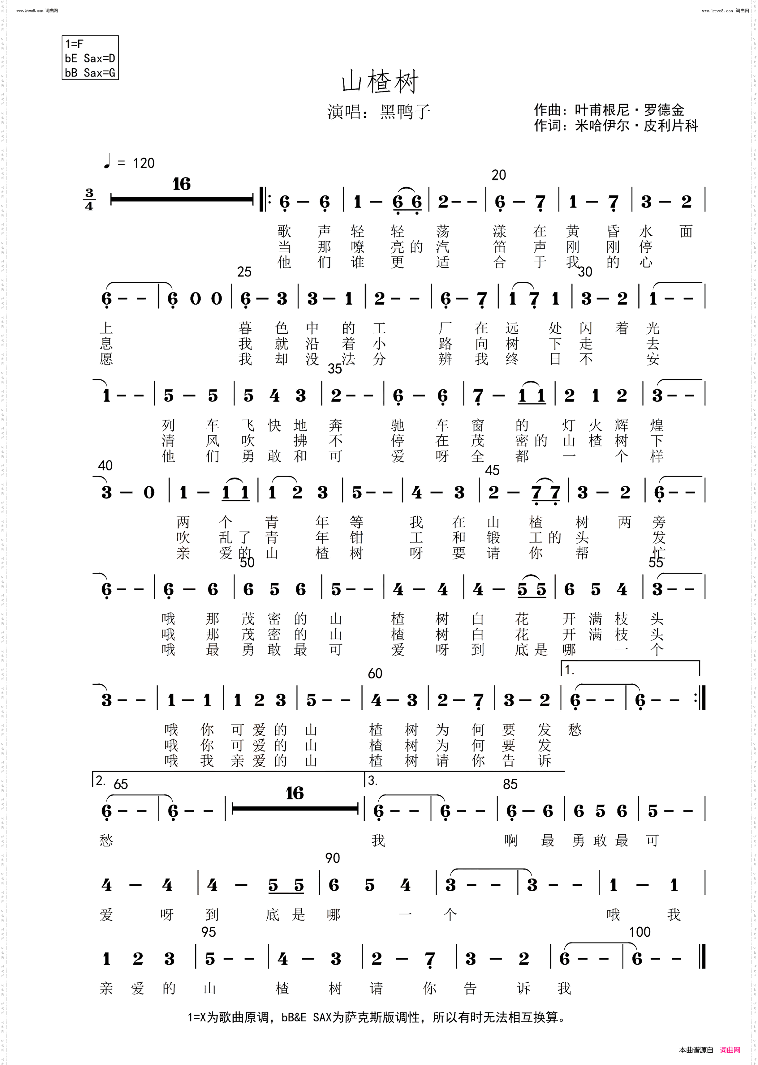 山楂树_简谱&萨克斯五线谱