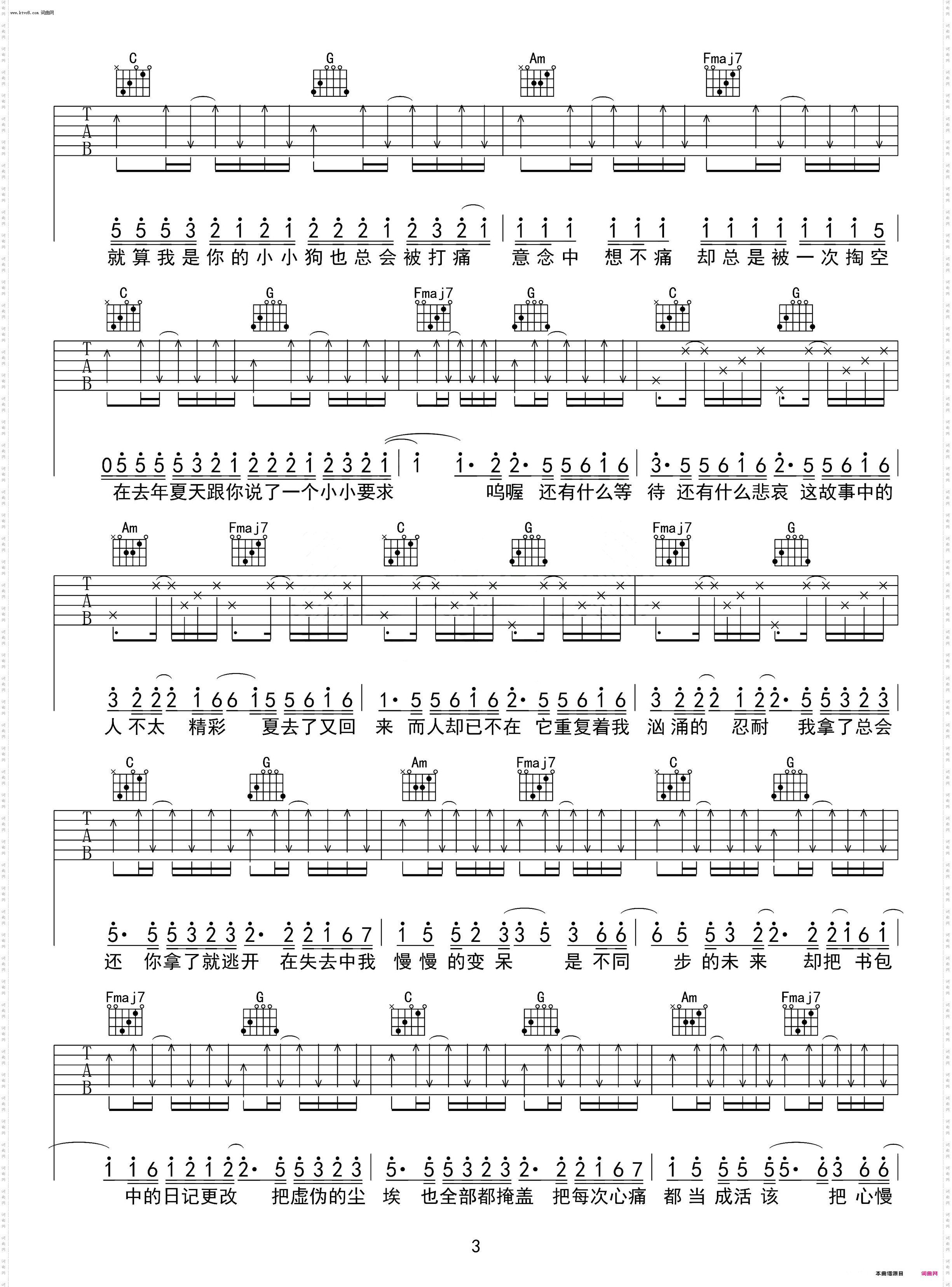 去年夏天_吉他谱G调入门版 高音教编配