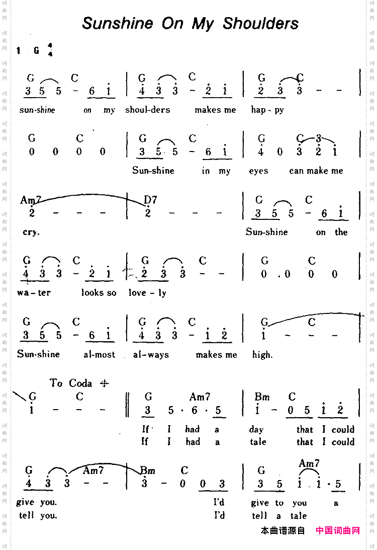 [美]SunshineOnMyShoulders太阳照在我肩上、带和弦_[美]Sunshine On My Shoulders太阳照在我肩上、带和弦