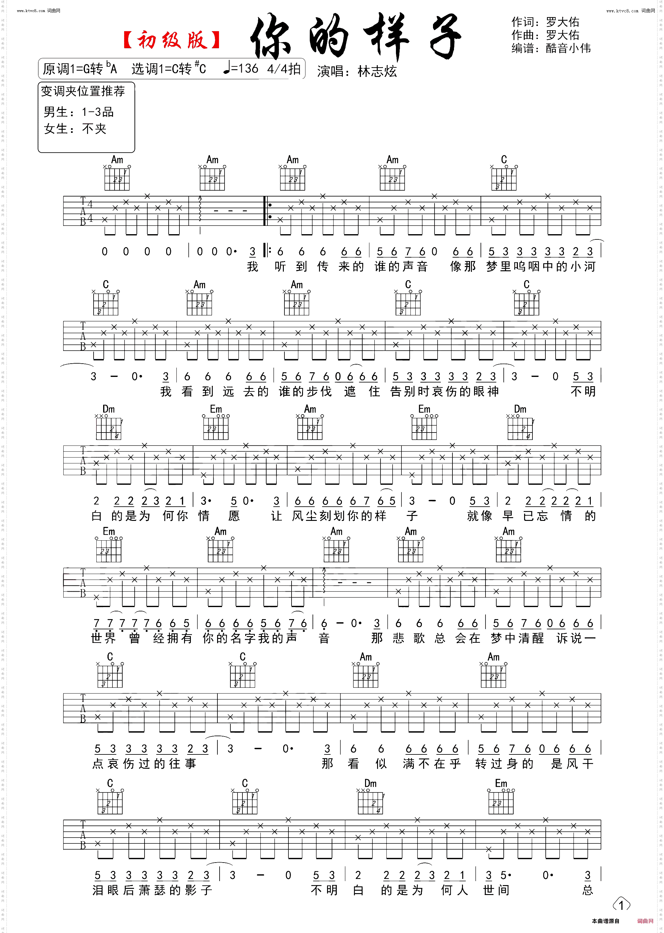 你的样子_吉他谱初级版