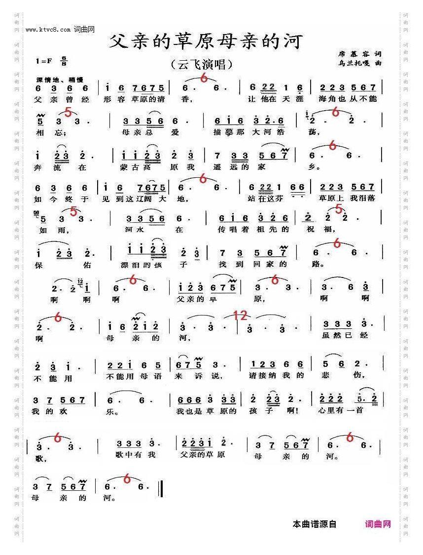 父亲的草原母亲的河电子琴D调伴奏