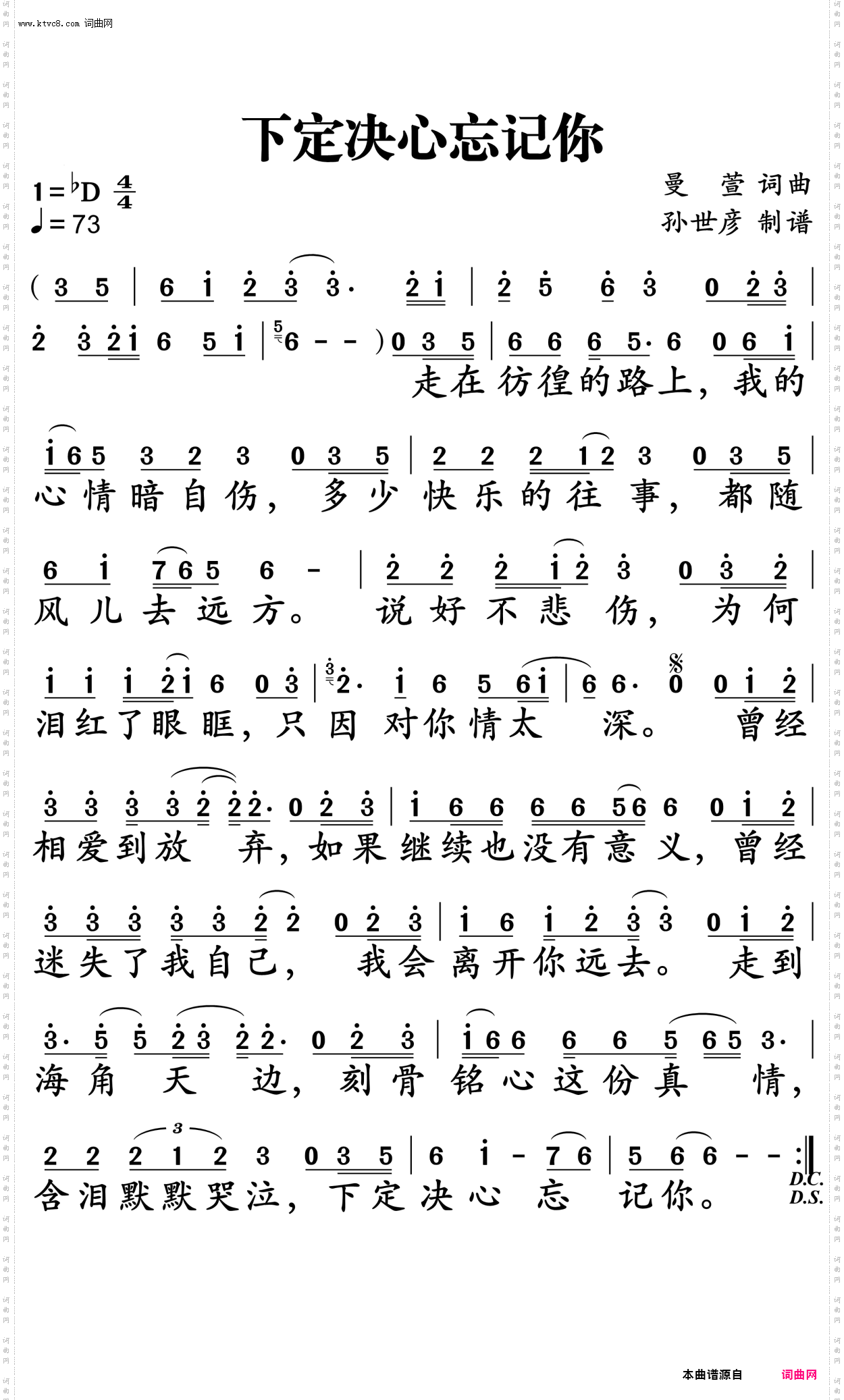 下定决心忘记你D调伴奏