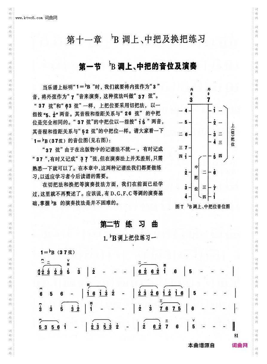 其他曲谱_二胡基础教程第11章，第81页/第1/2节bB调上，中把音位及演奏和练习曲