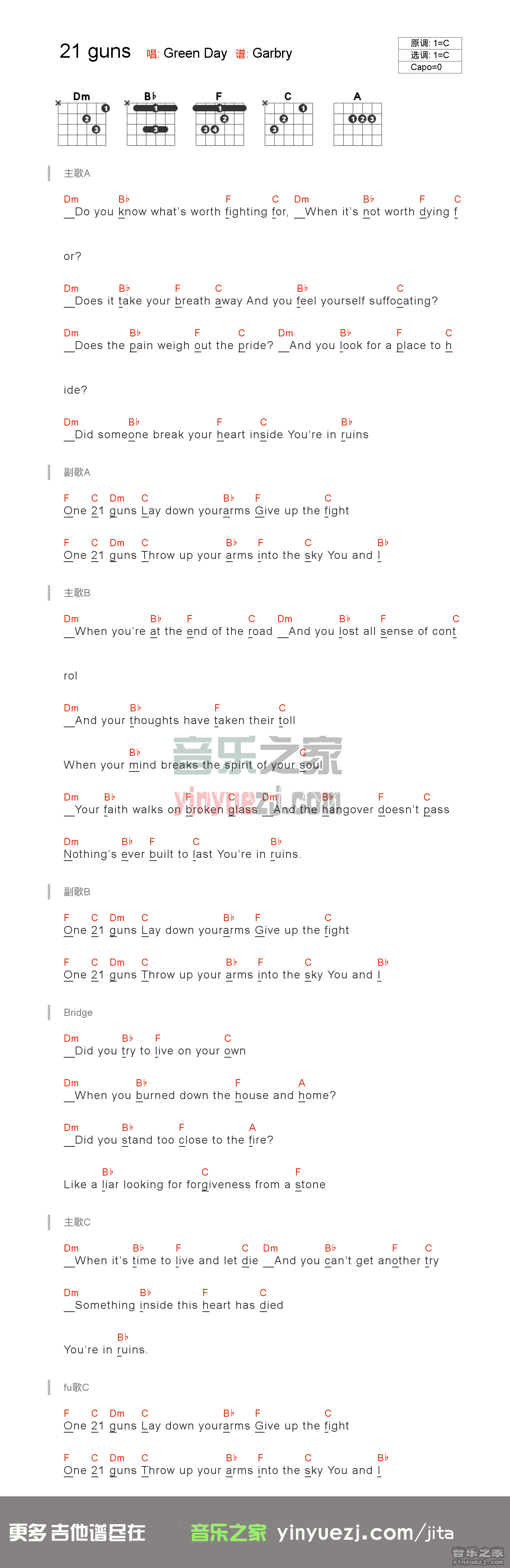21 guns吉他六线谱 GreenDay 21guns 音乐之家 C调