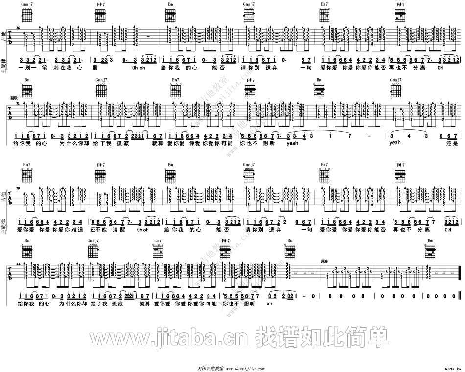 AINY爱你吉他六线谱 邓紫棋 大伟吉他教室 D调 